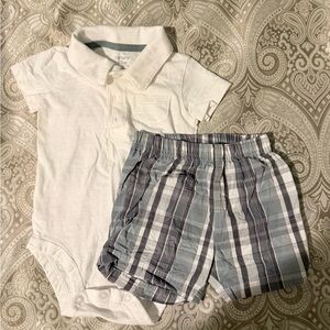 Carter's White Polo Bodysuit with Gray & Light Blue Plaid Shorts